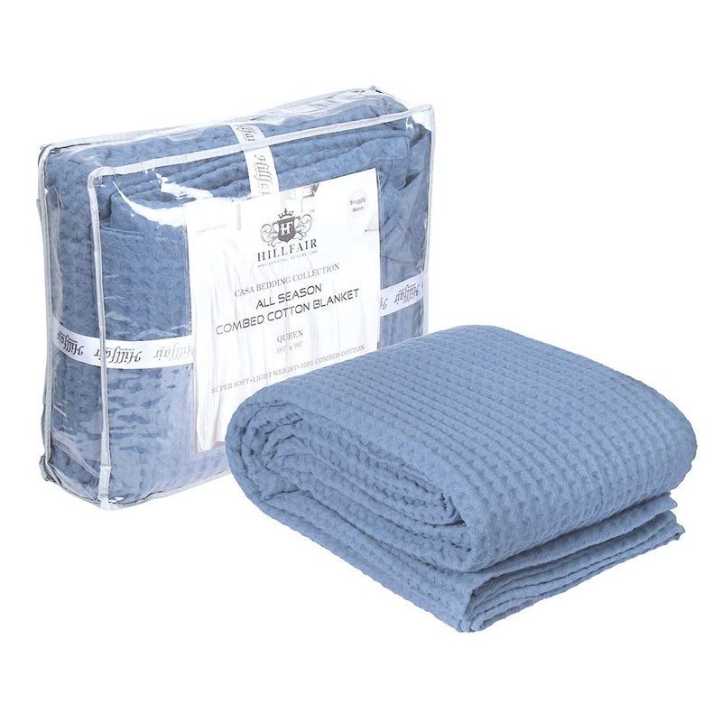 HILLFAIR 100% Combed Cotton Blanketâ€“ King Size Bed Blanketsâ€“ Warm Soft All Season Breathable Lightweight Summer Blanketsâ€“ Waffle Weave Home Decor Bed Blanket- Blue King Bed Cotton Blankets/Bedcovers - Image 1